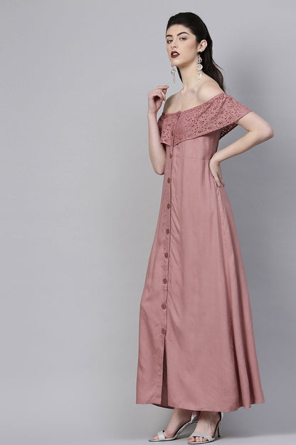 Women's Onion Pink Lace Frill Off Shoulder Maxi