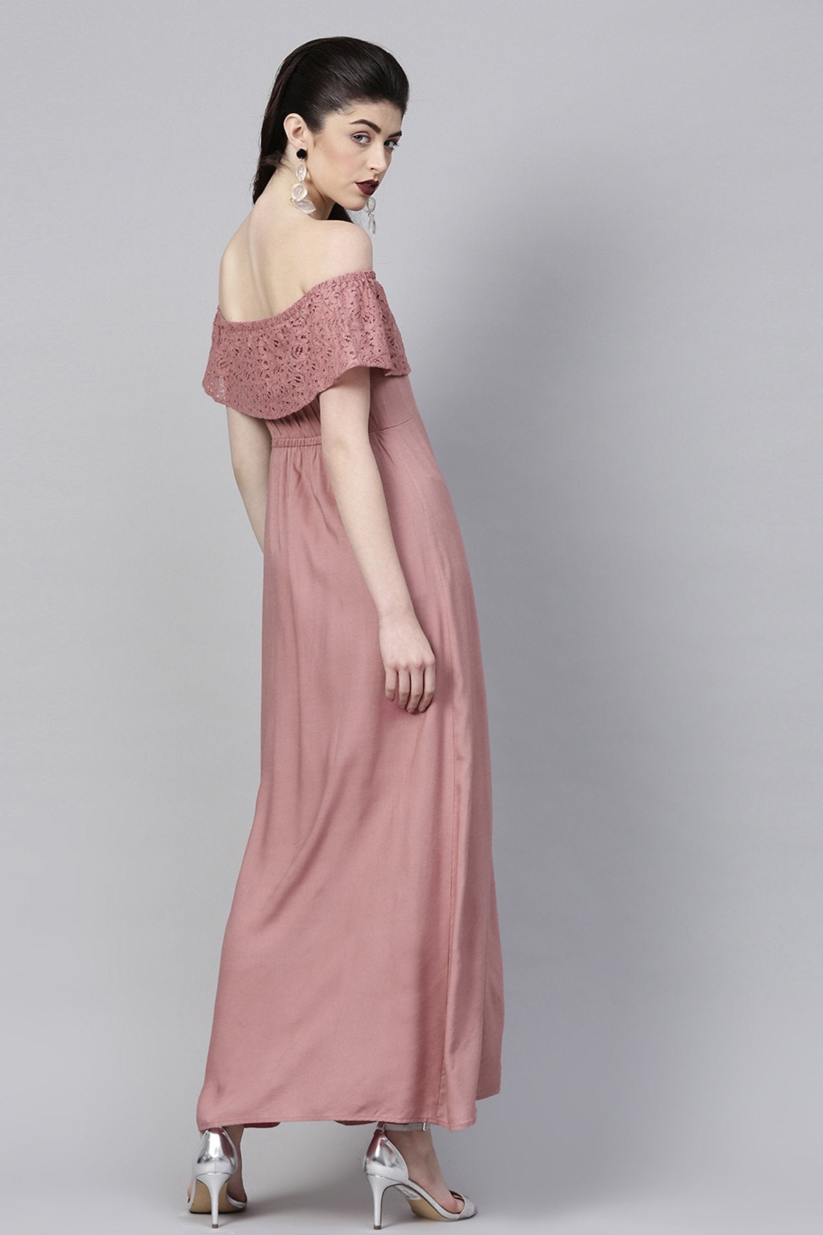 Women's Onion Pink Lace Frill Off Shoulder Maxi
