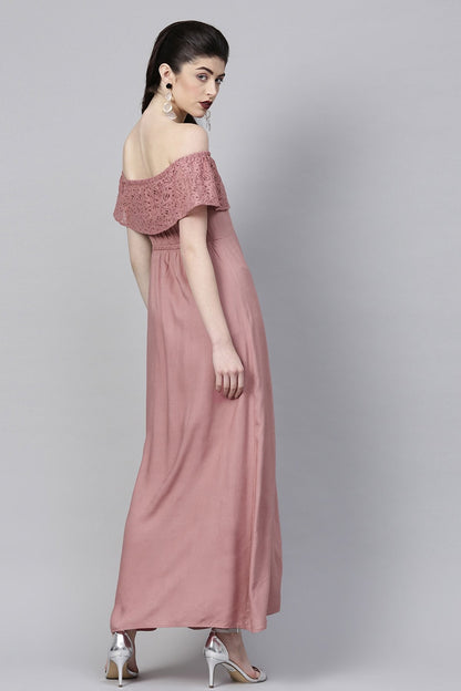 Women's Onion Pink Lace Frill Off Shoulder Maxi