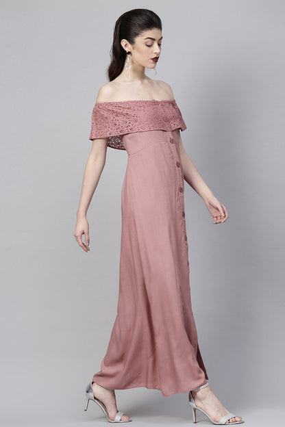 Women's Onion Pink Lace Frill Off Shoulder Maxi
