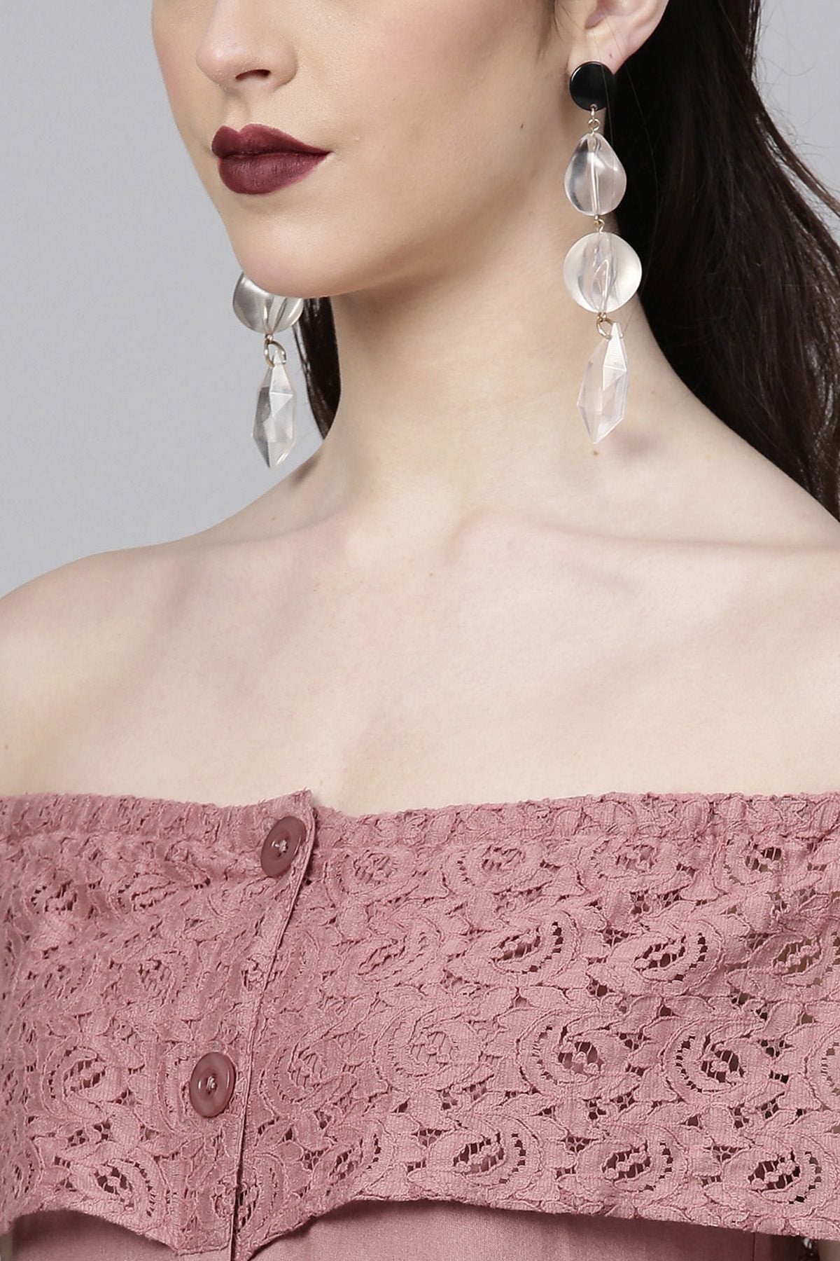 Women's Onion Pink Lace Frill Off Shoulder Maxi