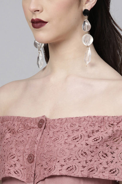 Women's Onion Pink Lace Frill Off Shoulder Maxi