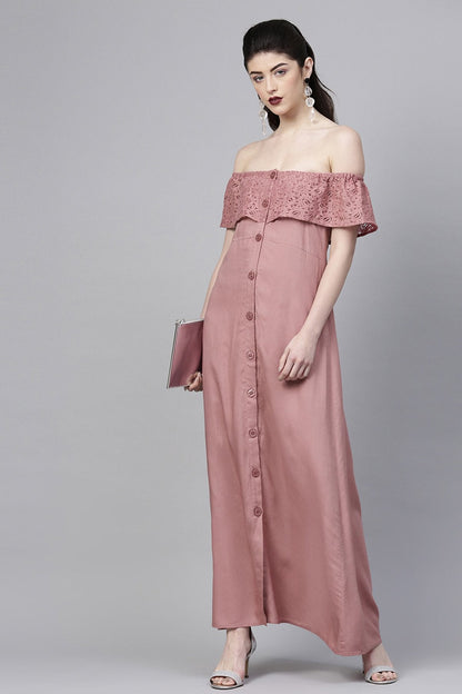 Women's Onion Pink Lace Frill Off Shoulder Maxi
