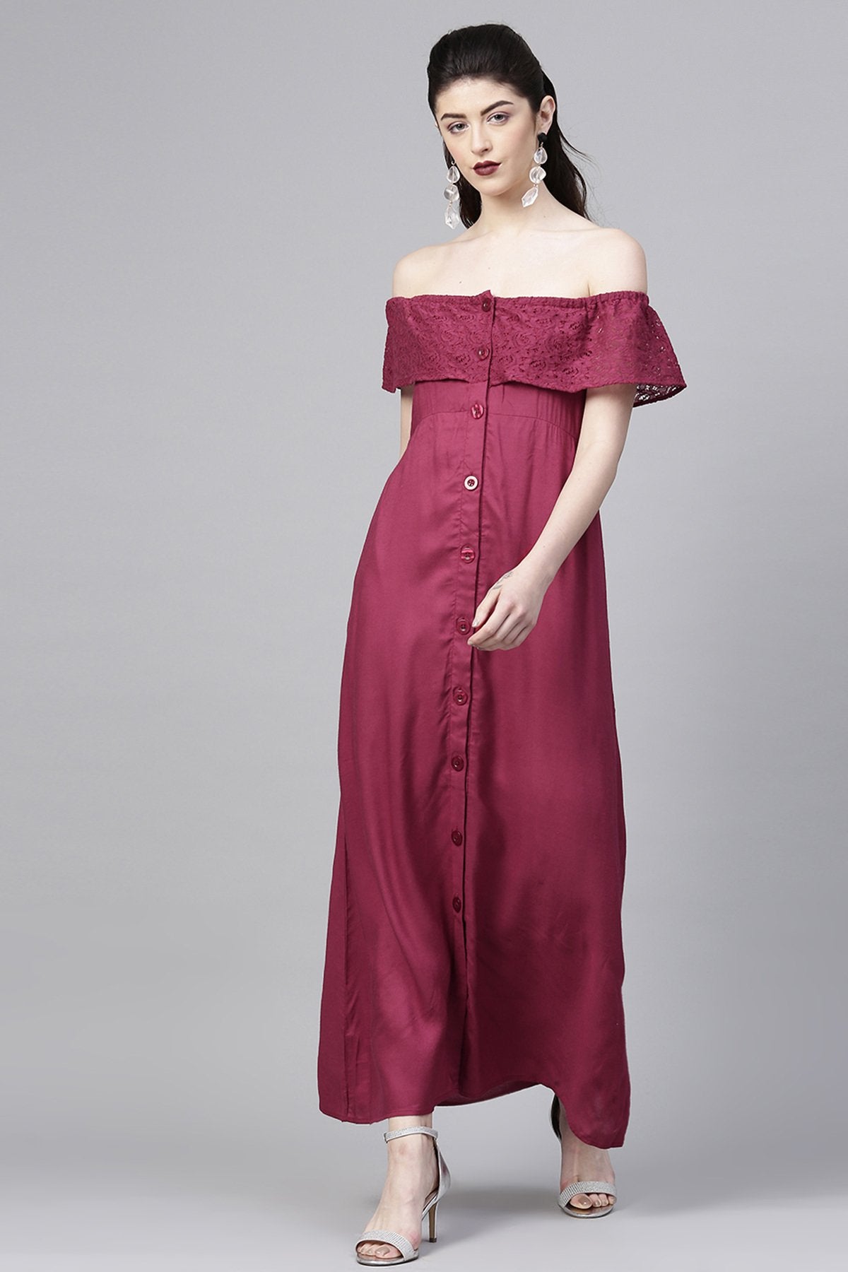 Women's Wine Lace Frill Off Shoulder Maxi
