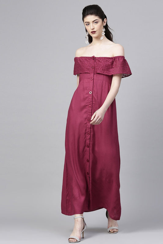 Women's Wine Lace Frill Off Shoulder Maxi