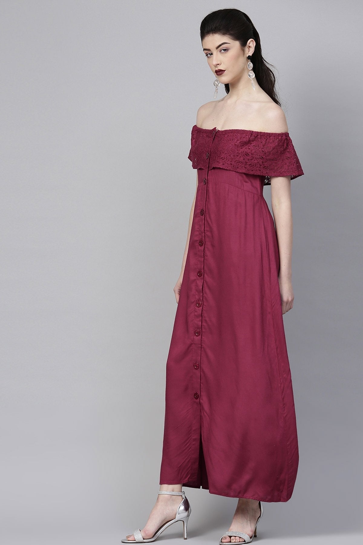 Women's Wine Lace Frill Off Shoulder Maxi