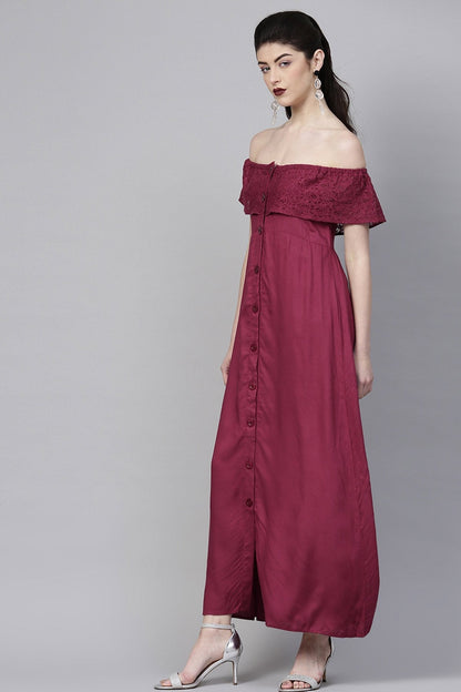 Women's Wine Lace Frill Off Shoulder Maxi