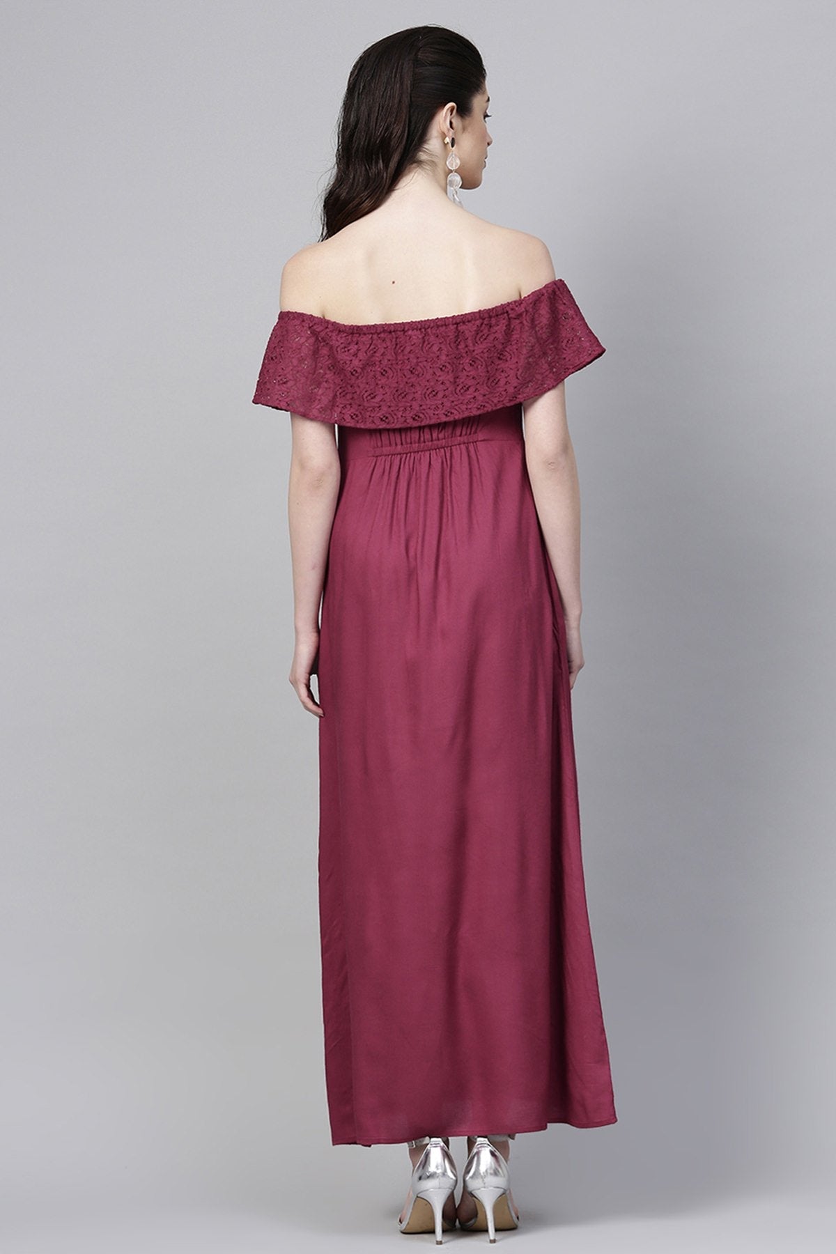 Women's Wine Lace Frill Off Shoulder Maxi