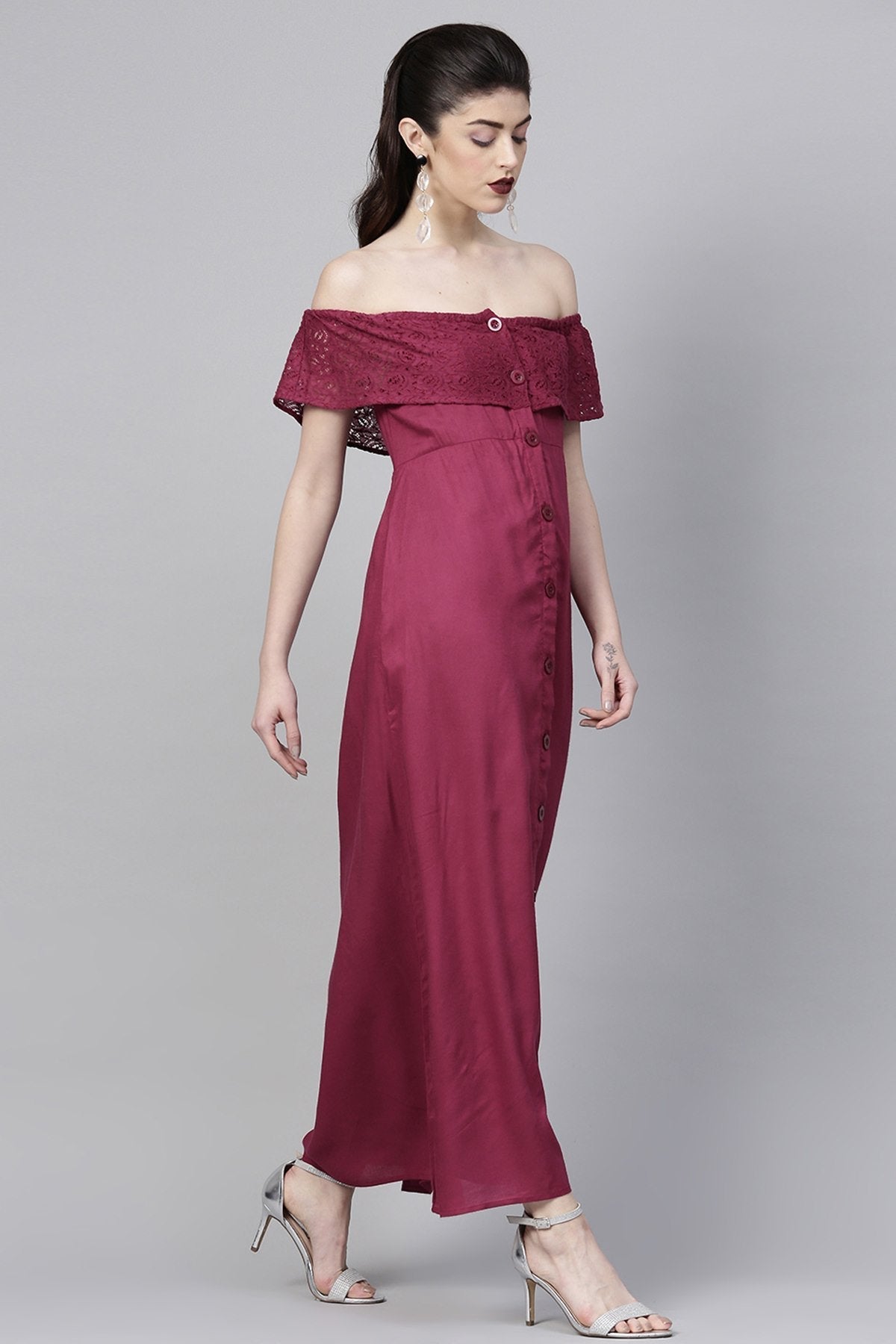 Women's Wine Lace Frill Off Shoulder Maxi