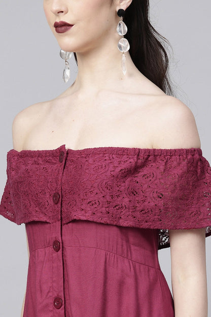 Women's Wine Lace Frill Off Shoulder Maxi