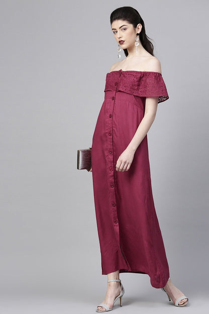 Women's Wine Lace Frill Off Shoulder Maxi