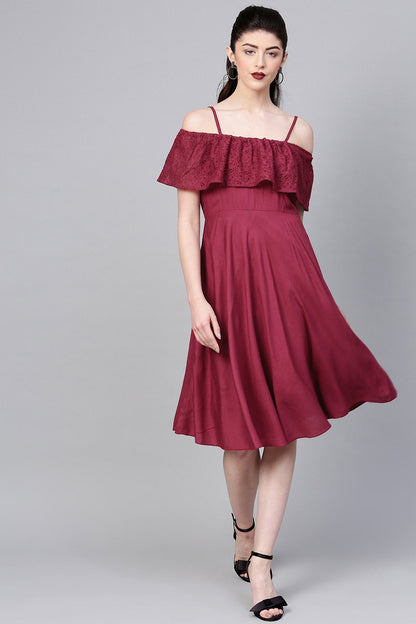Women's Wine Lace Frill Strappy Layered Midi