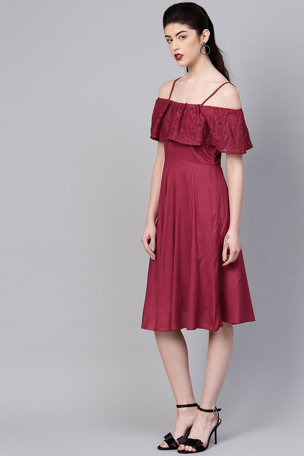 Women's Wine Lace Frill Strappy Layered Midi