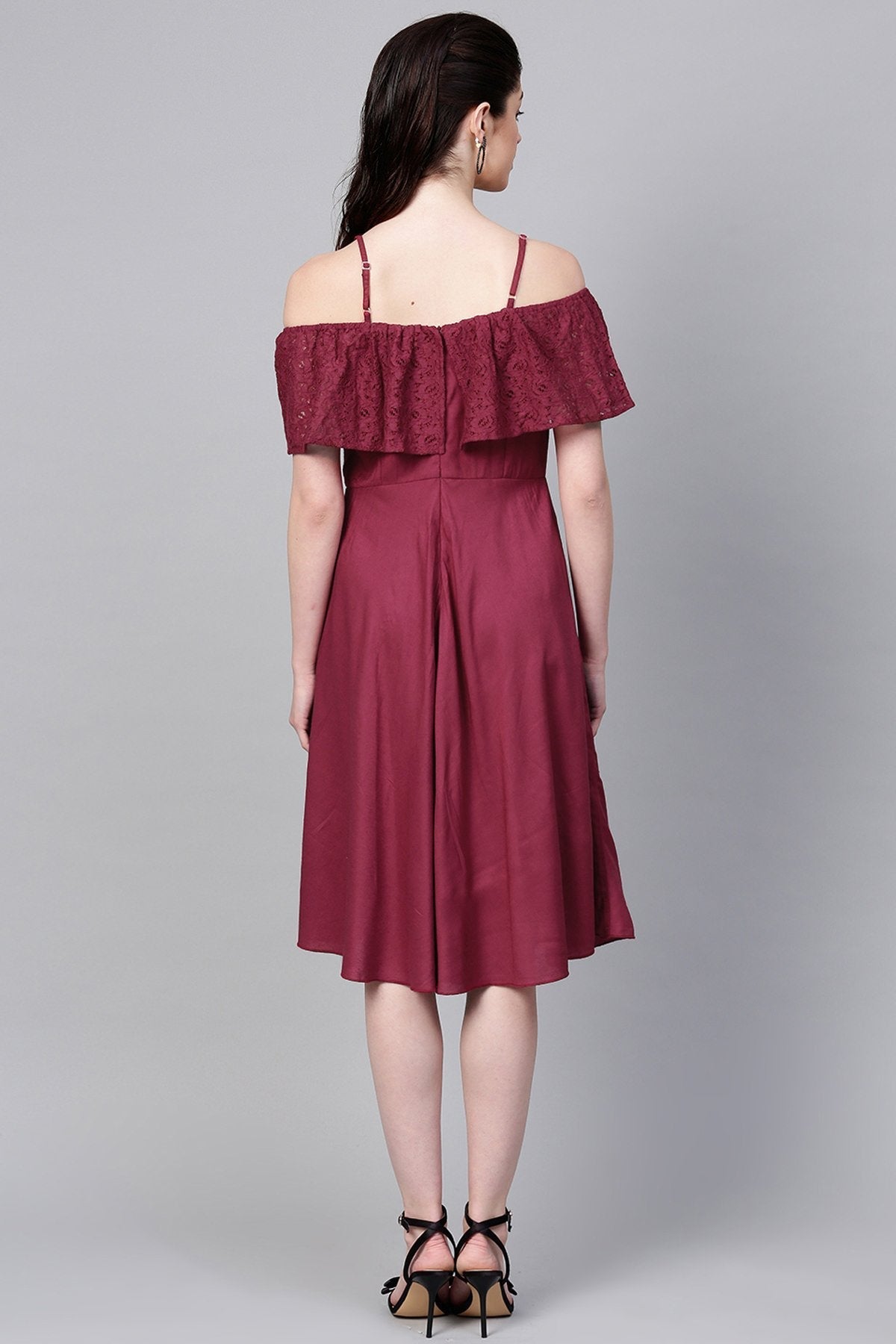Women's Wine Lace Frill Strappy Layered Midi