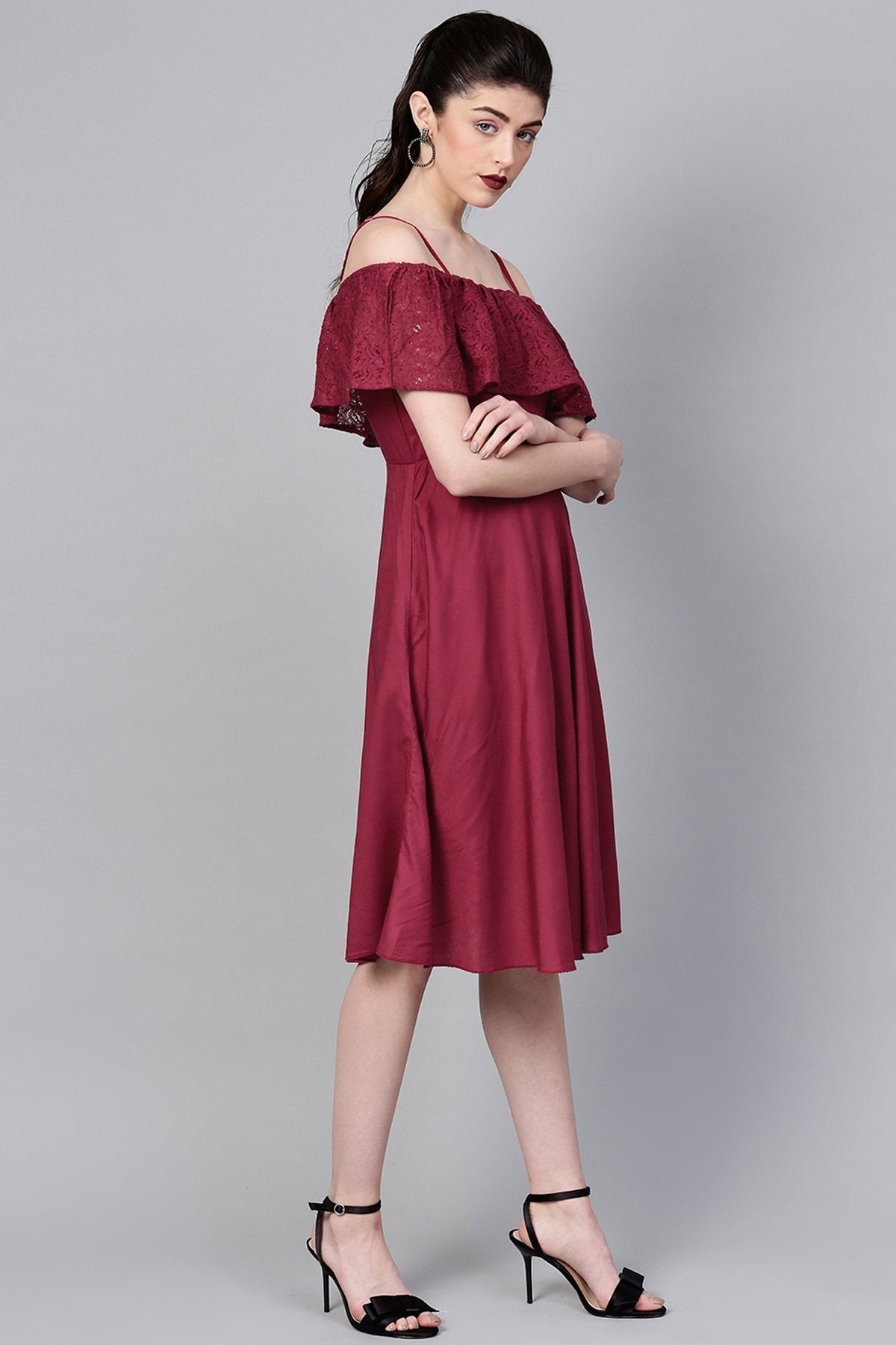 Women's Wine Lace Frill Strappy Layered Midi