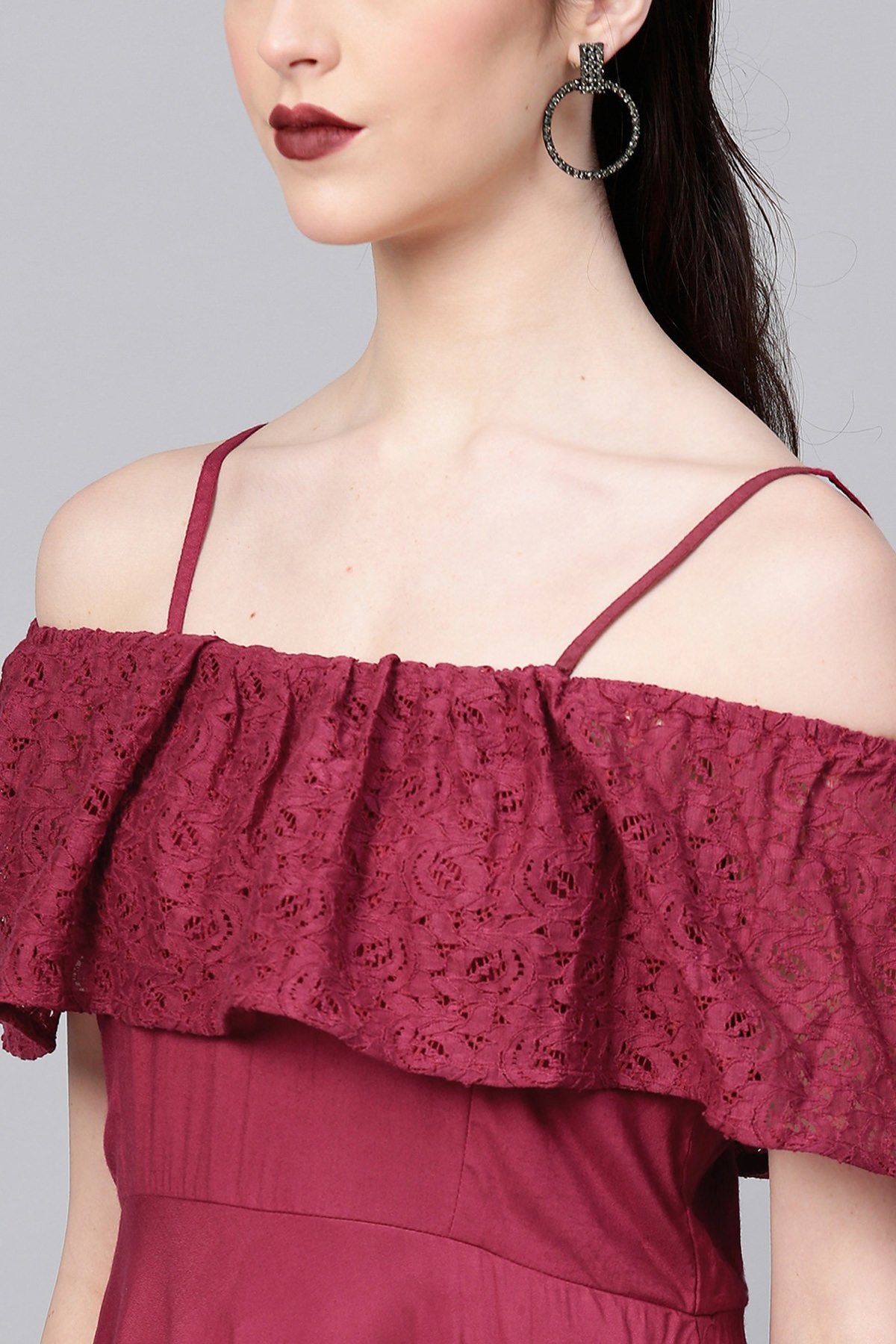 Women's Wine Lace Frill Strappy Layered Midi