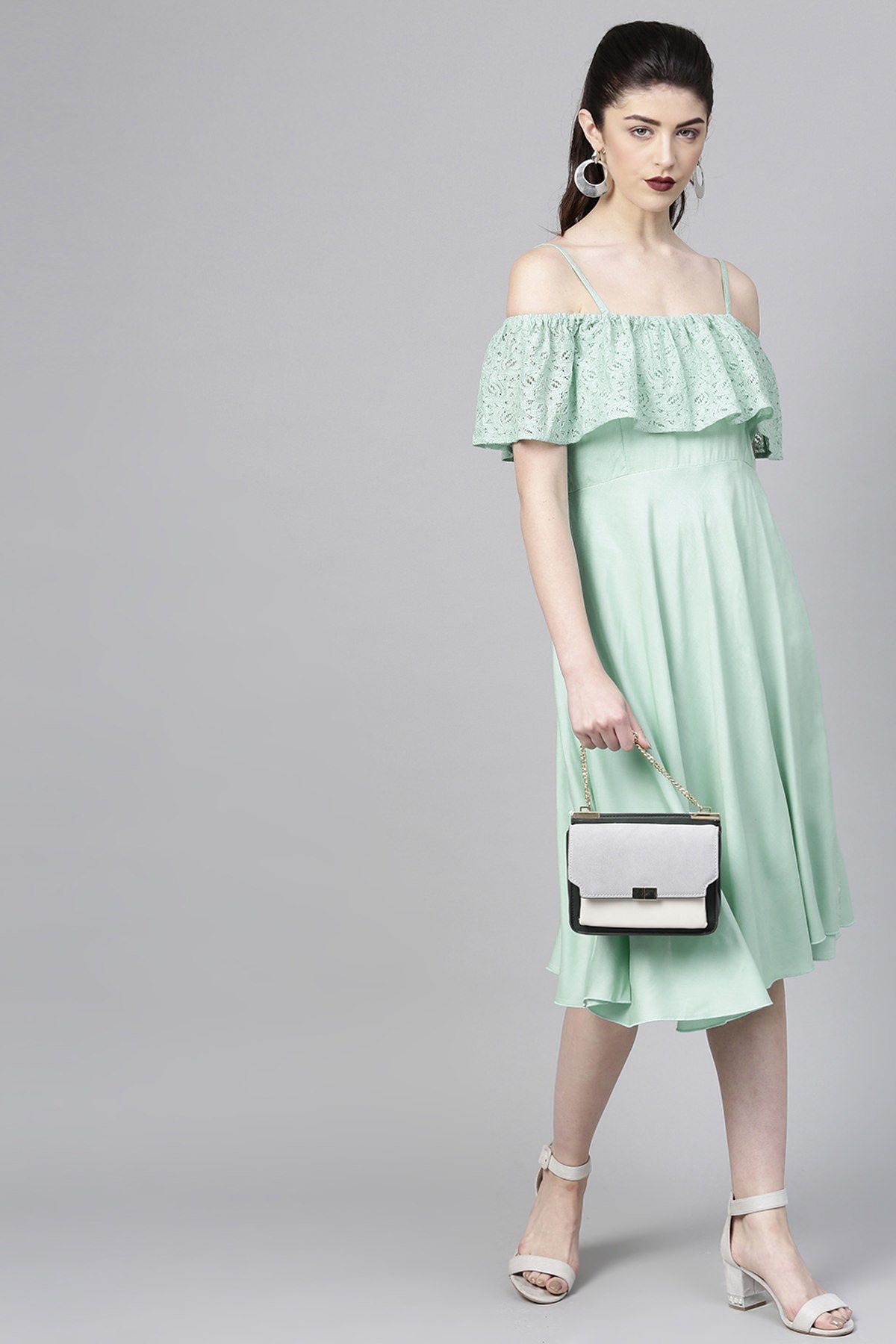 Women's Mint Blue Lace Frill Strappy Layered Midi