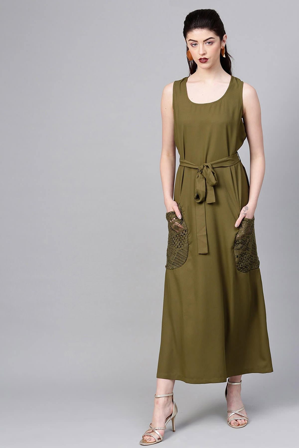 Women's Olive Lace Pocket Maxi