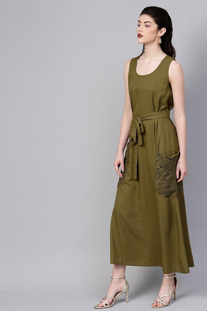 Women's Olive Lace Pocket Maxi