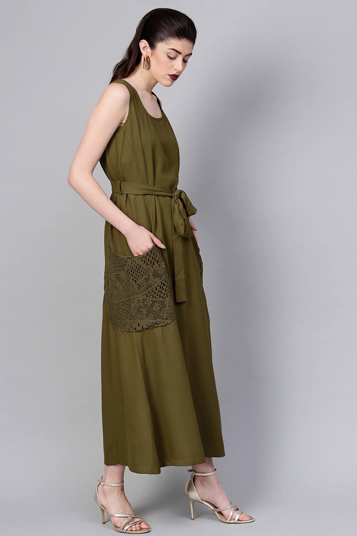 Women's Olive Lace Pocket Maxi