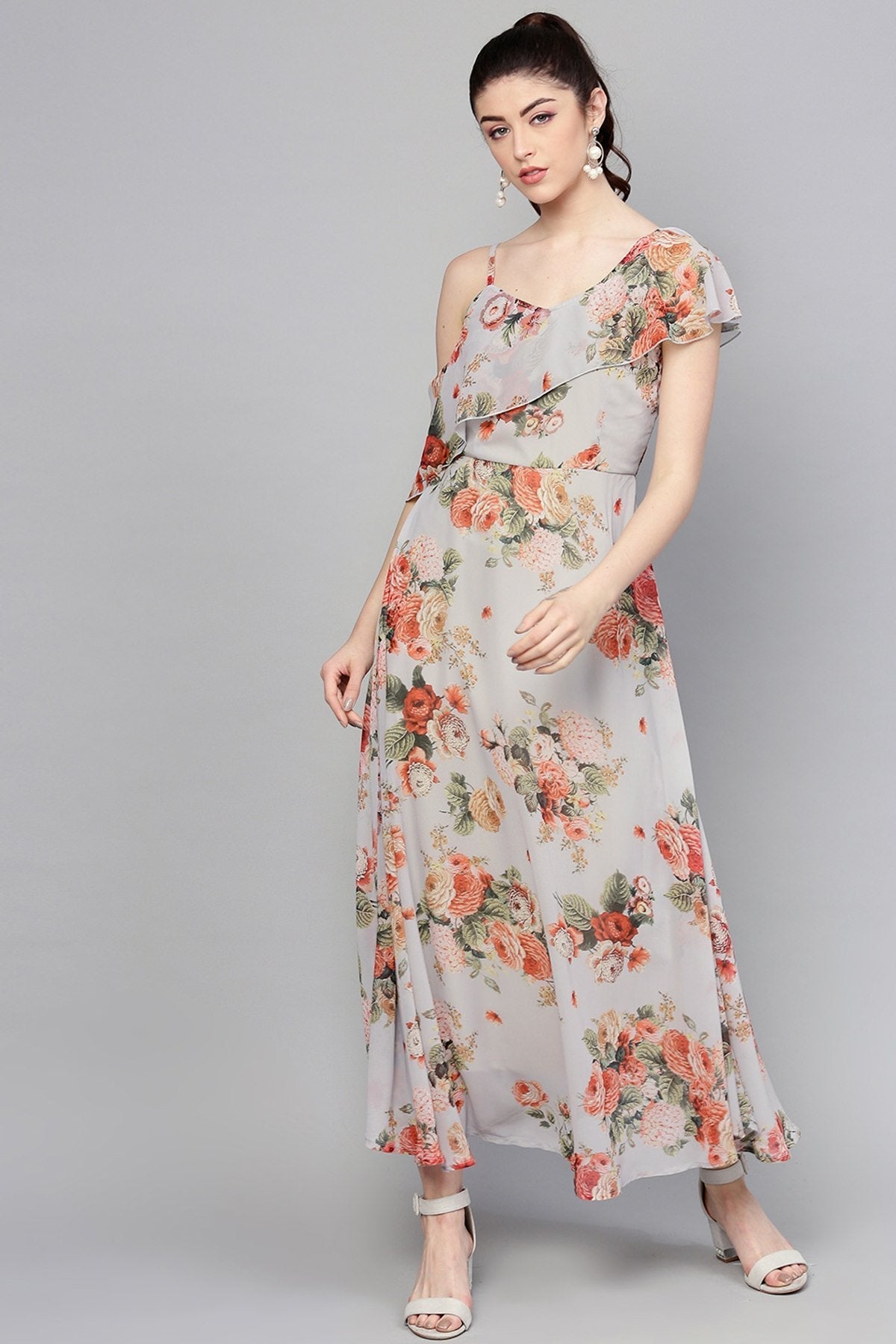 Women's Grey Floral One Side Frill Maxi