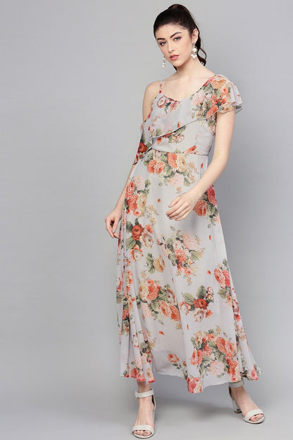 Women's Grey Floral One Side Frill Maxi