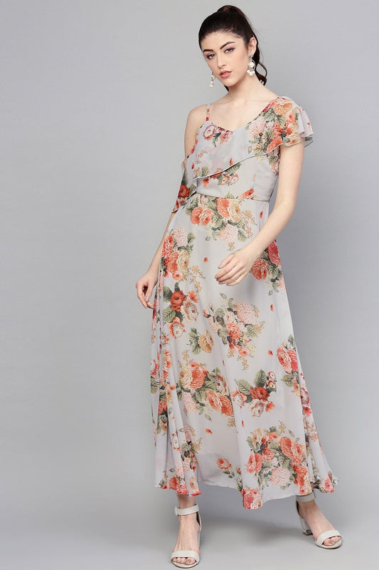Women's Grey Floral One Side Frill Maxi