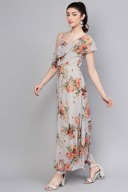 Women's Grey Floral One Side Frill Maxi