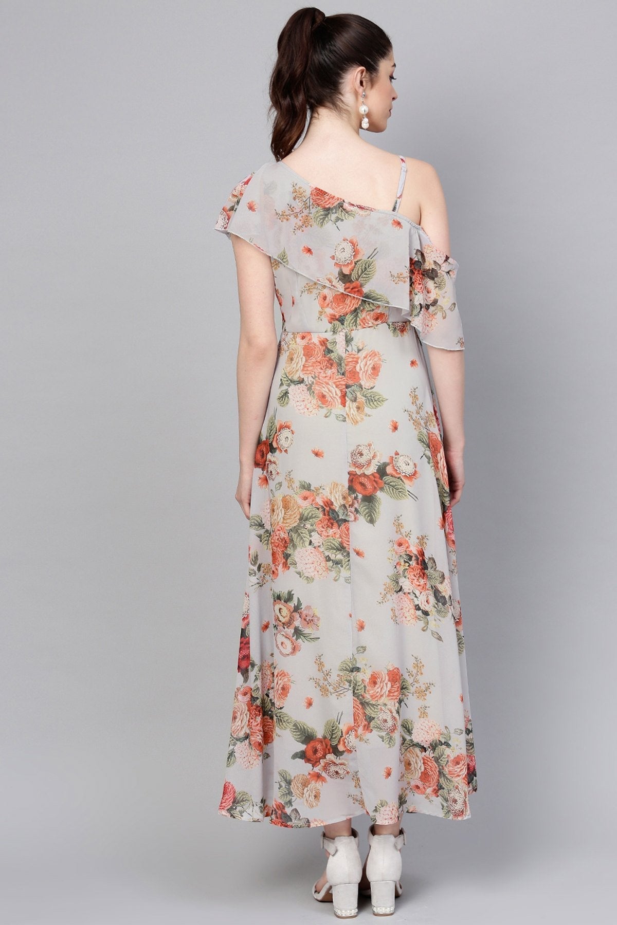Women's Grey Floral One Side Frill Maxi