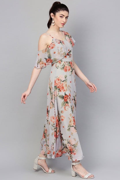 Women's Grey Floral One Side Frill Maxi