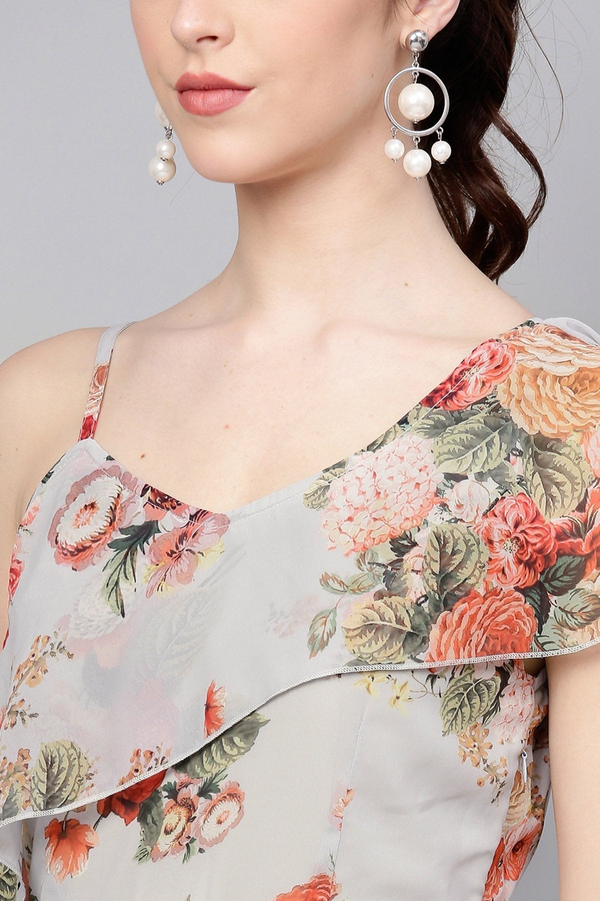 Women's Grey Floral One Side Frill Maxi