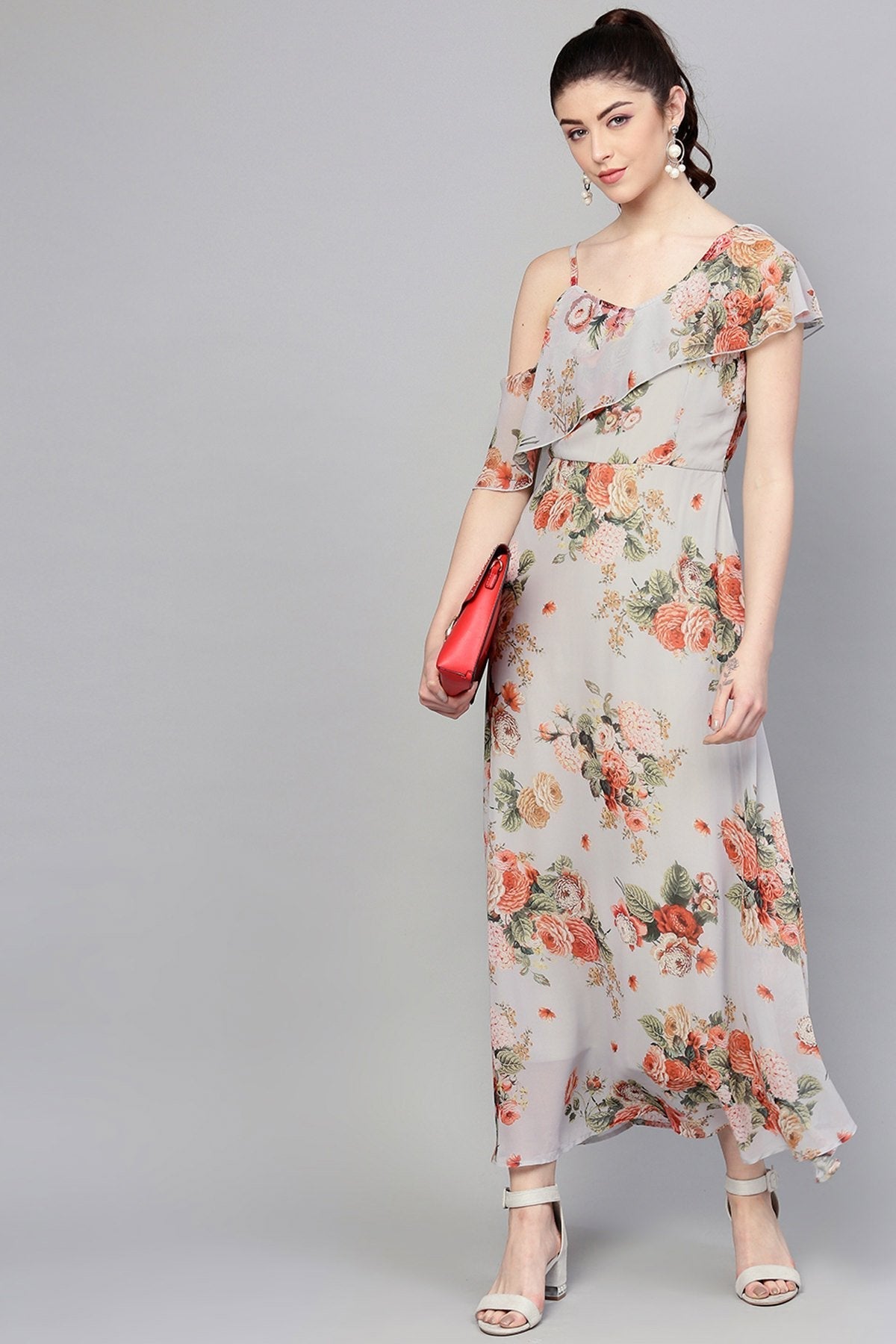 Women's Grey Floral One Side Frill Maxi
