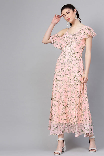 Women's Pink Floral One Side Frill Maxi