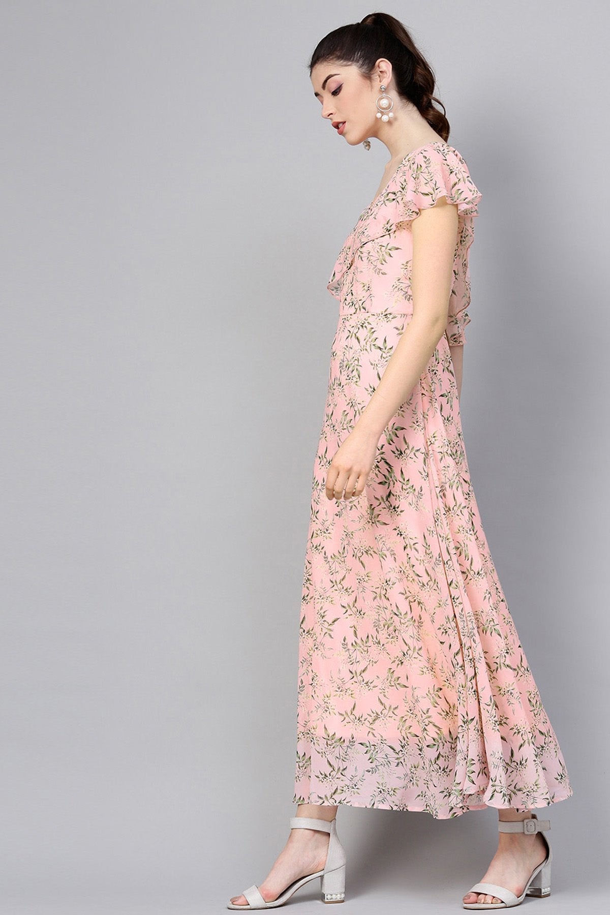 Women's Pink Floral One Side Frill Maxi