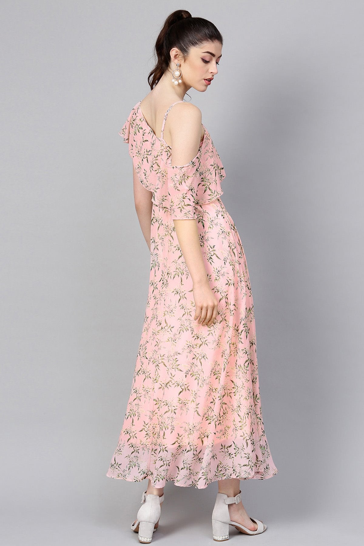 Women's Pink Floral One Side Frill Maxi