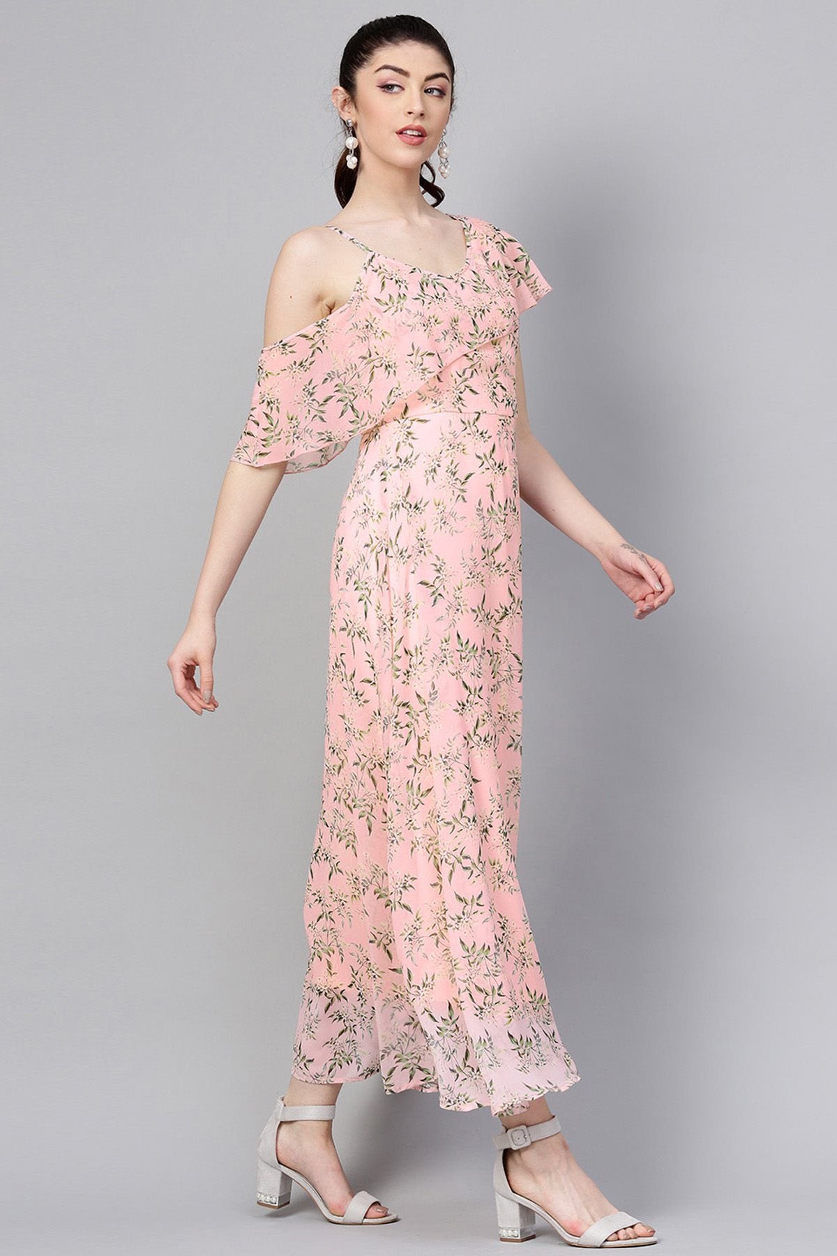 Women's Pink Floral One Side Frill Maxi