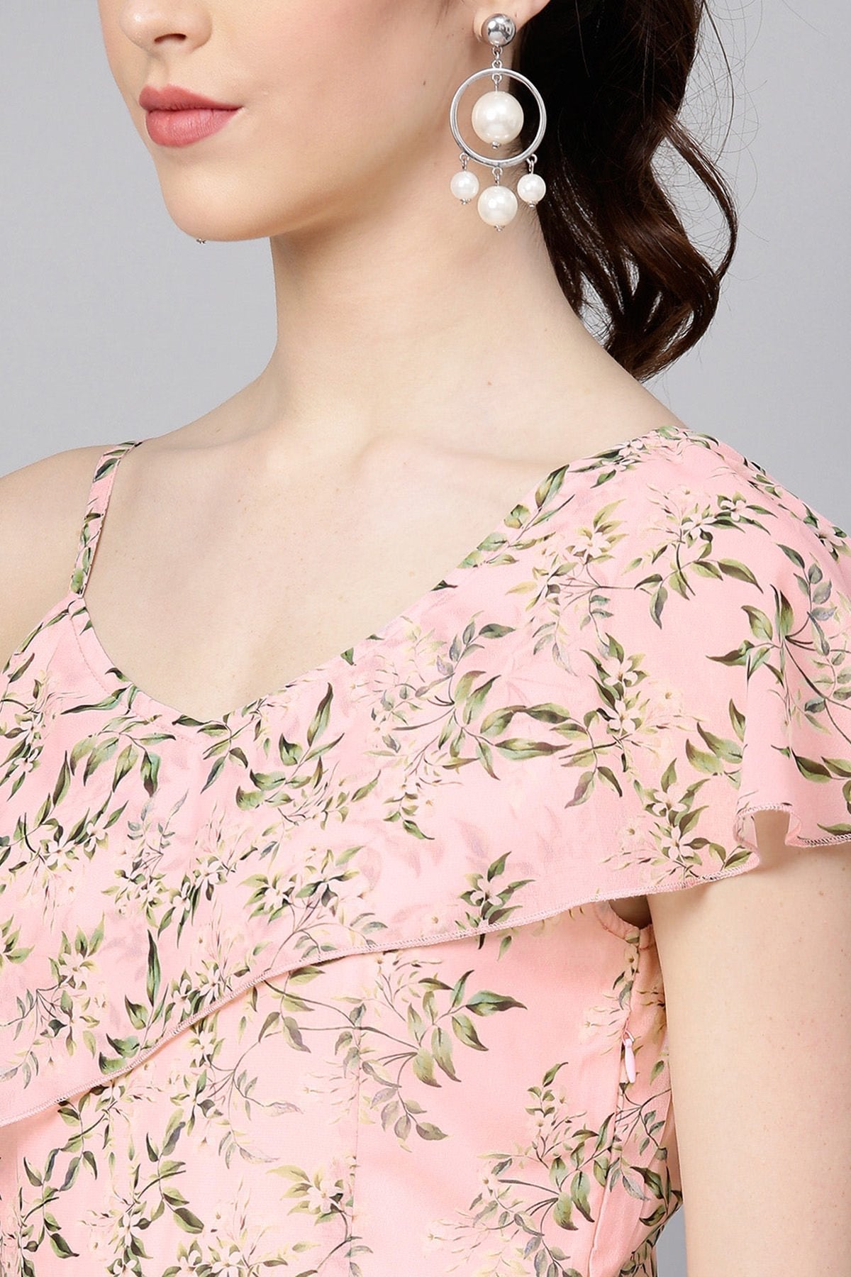 Women's Pink Floral One Side Frill Maxi