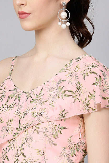 Women's Pink Floral One Side Frill Maxi