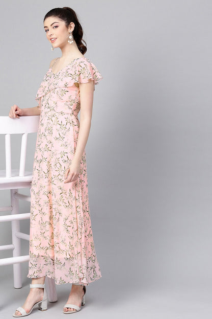 Women's Pink Floral One Side Frill Maxi
