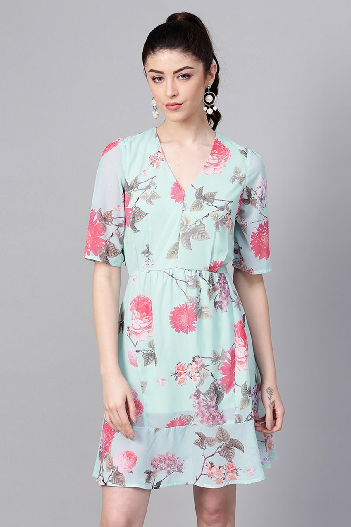 Women's Aqua Floral Frill Hem Skater Dress