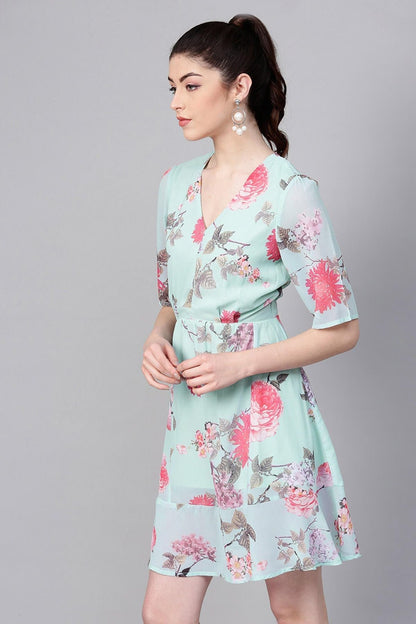 Women's Aqua Floral Frill Hem Skater Dress