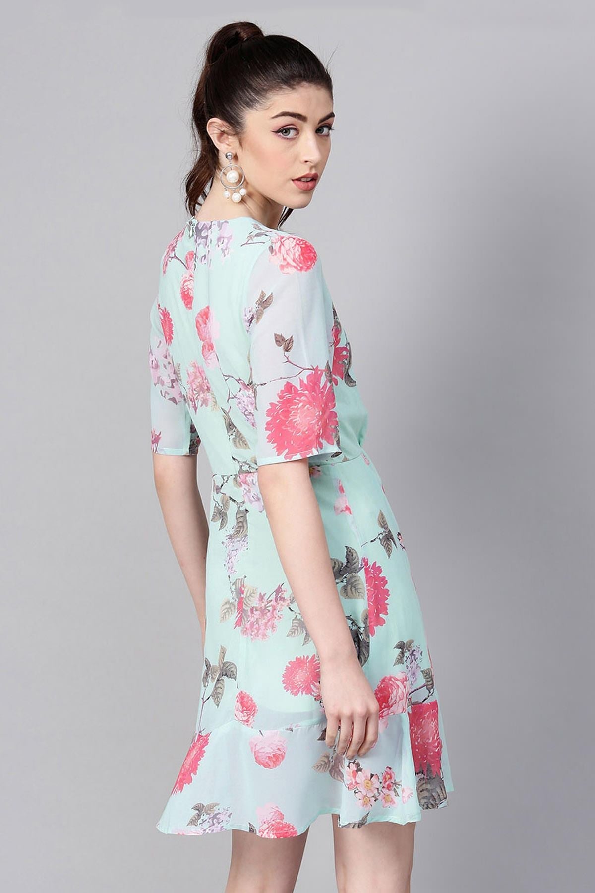 Women's Aqua Floral Frill Hem Skater Dress