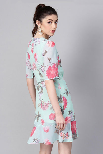 Women's Aqua Floral Frill Hem Skater Dress
