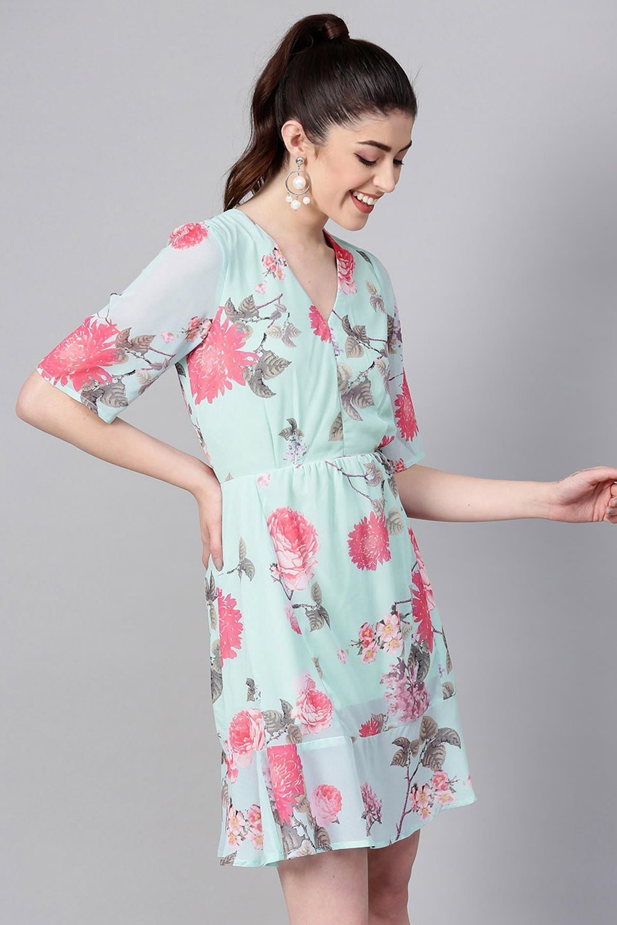 Women's Aqua Floral Frill Hem Skater Dress