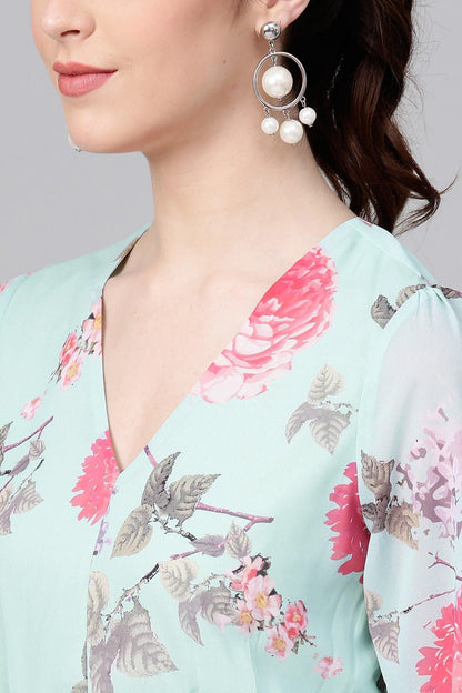 Women's Aqua Floral Frill Hem Skater Dress