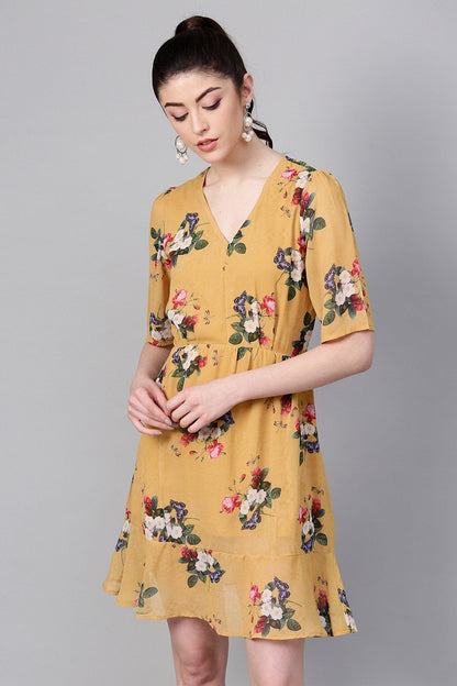 Women's Mustard Floral Frill Hem Skater Dress