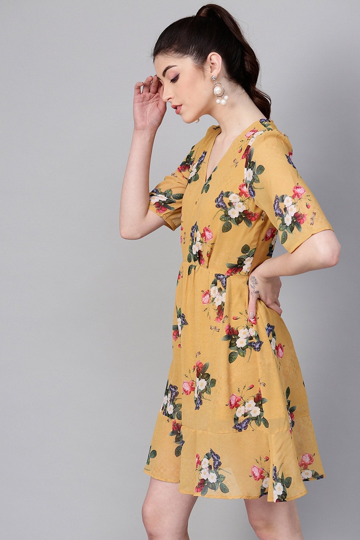 Women's Mustard Floral Frill Hem Skater Dress
