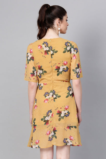 Women's Mustard Floral Frill Hem Skater Dress