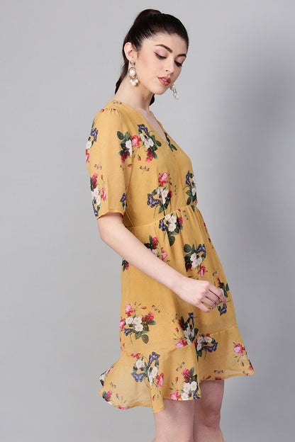 Women's Mustard Floral Frill Hem Skater Dress