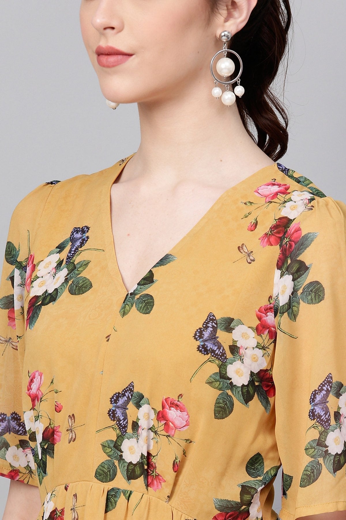 Women's Mustard Floral Frill Hem Skater Dress